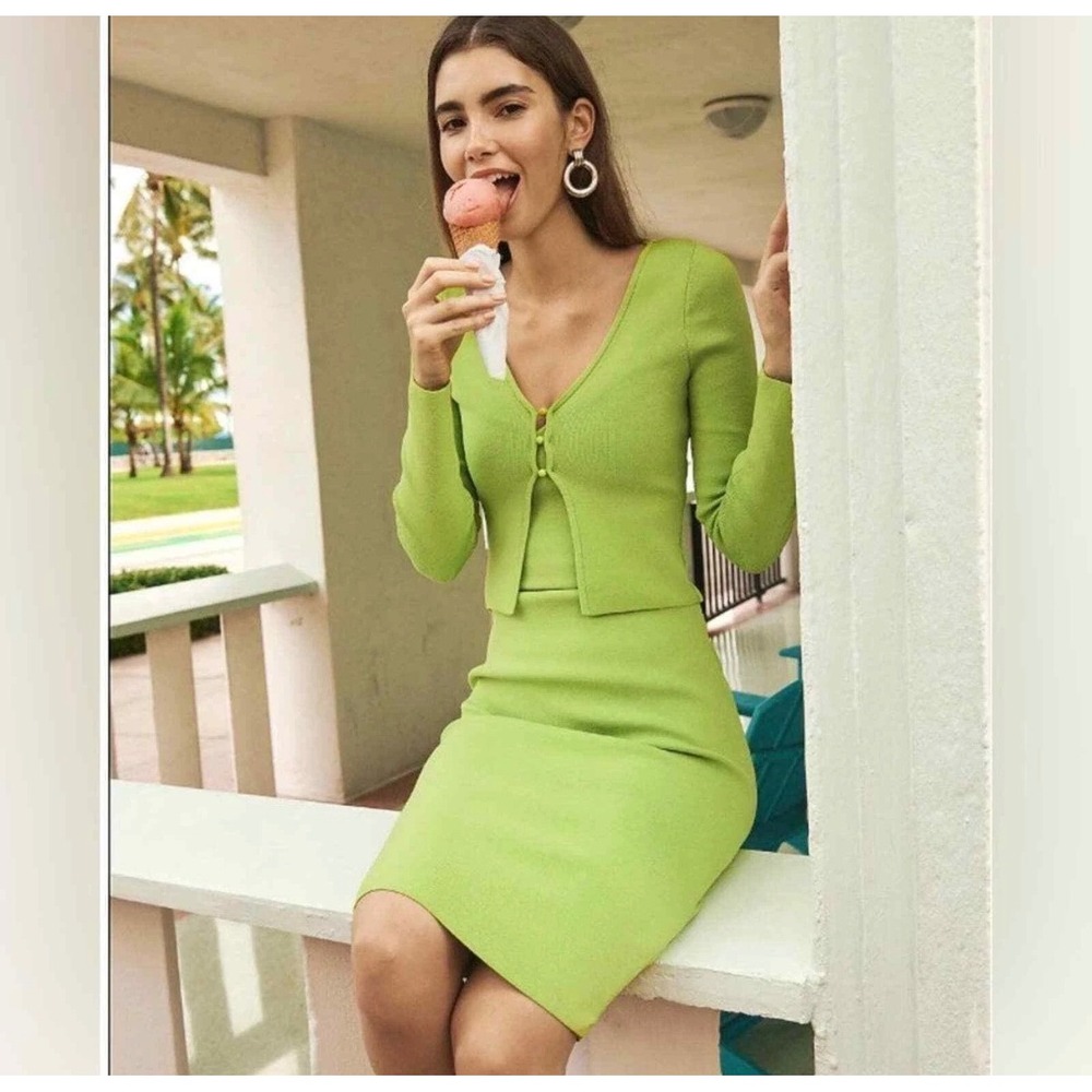Express Body Contour Lime Green High Waisted Midi Pencil Skirt XL